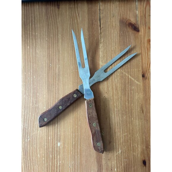 Vintage Alan Roberts Stainless Steel Wood Handle Barbecue Meat Fork Set of 2 - Picture 1 of 4